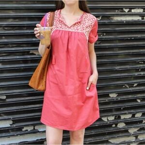 LOFT Embroidered Coral Dress Bohemian Tunic Mini Leaves Leaf Embroidery Pink